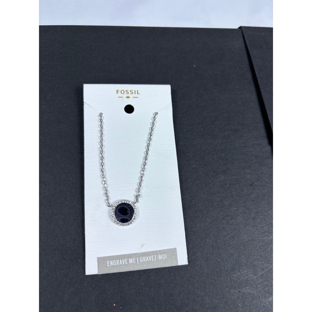 Fossil Womens Stainless Steel Pave Crystal Halo Black Disc Necklace JOF00490040